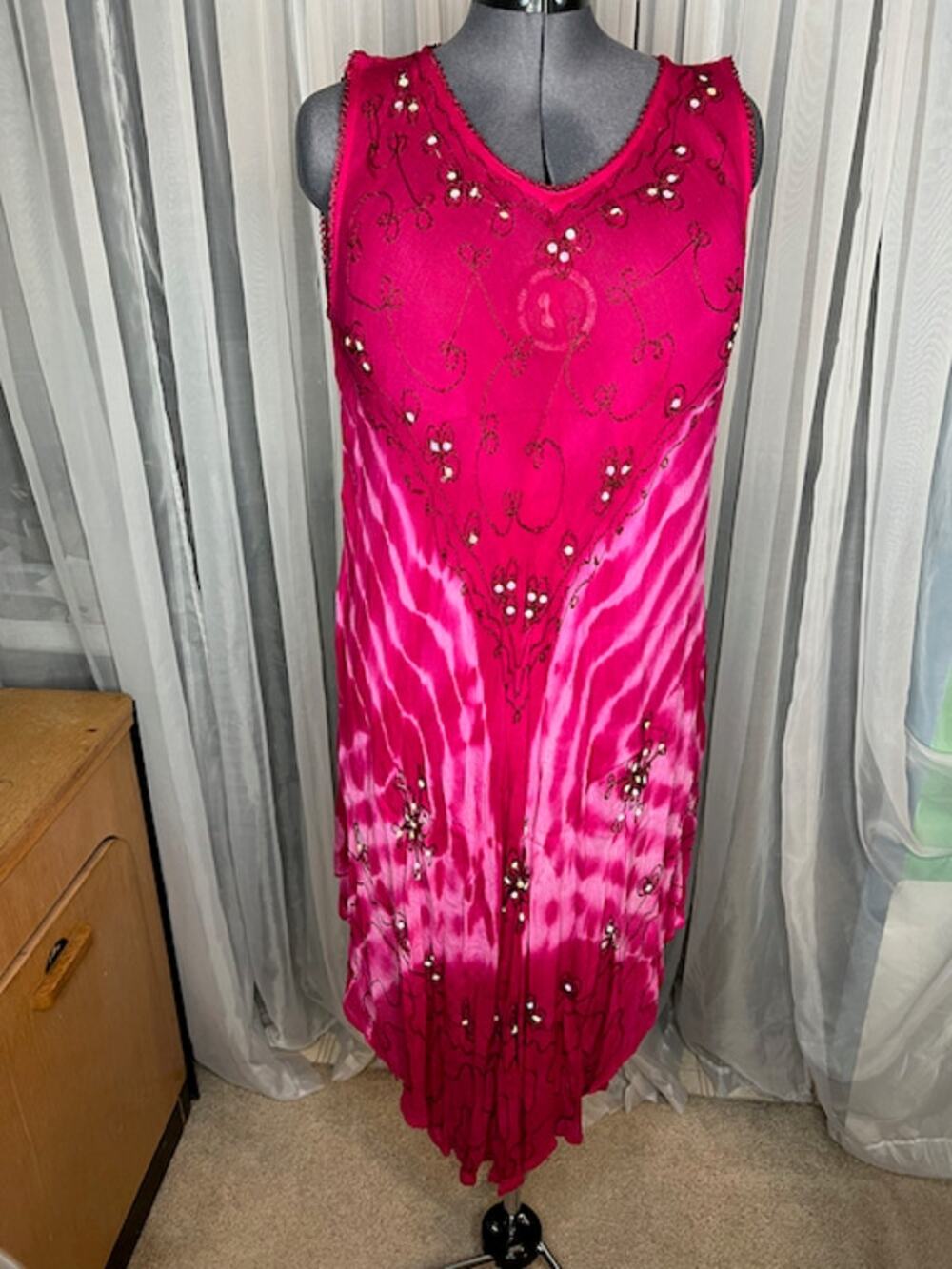 Sun dress tie dye muu muu boho pink fuchsia embroidered sequins